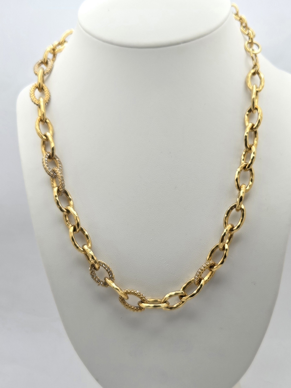 Stella & Dot Gold Tone Hammered Link & Rhinestone Oval Chain Necklace 19"